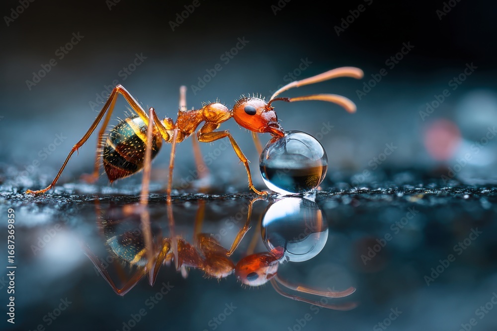Fototapeta premium red ant drinks water droplet reflection