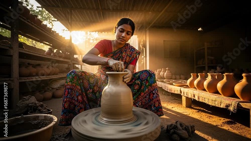 Female artisan shapes terracotta on potter's wheel in vibrant sari at traditional workshop