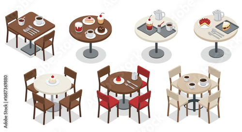 Cozy isometric tables with desserts and coffee in a cafe setting