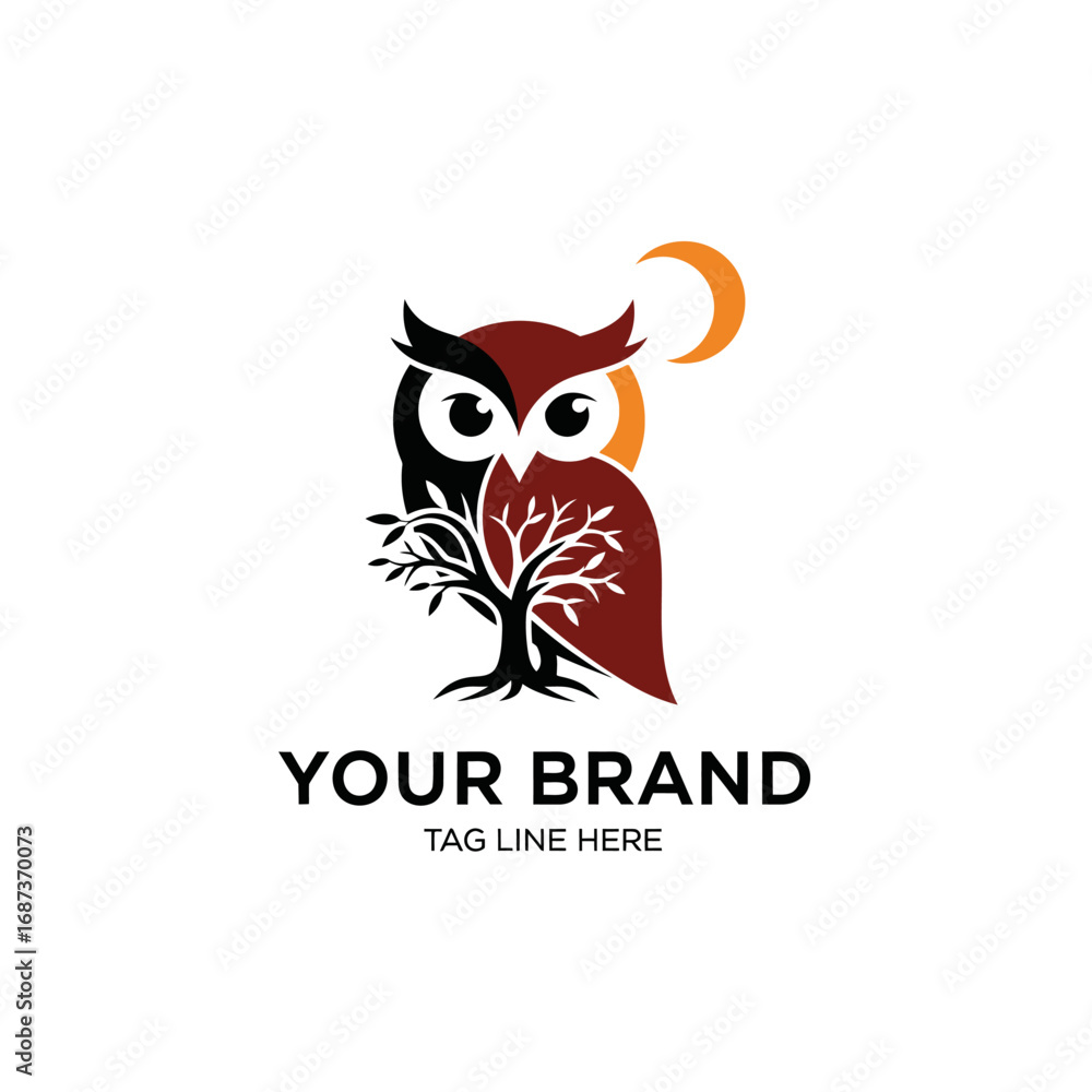 Fototapeta premium Cute Owl on Tree and moon Logo Design Illustration