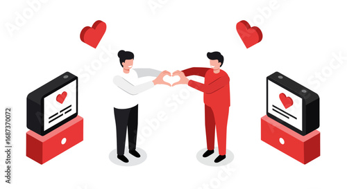 Isometric couple with phones sharing hearts in digital connection concept