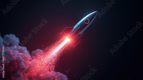 A sleek silver and blue rocket ascends into the darkness, leaving behind a vibrant trail of red and pink smoke and particles du its spectacular launch.