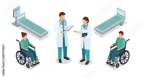 Isometric hospital scene: medical professionals and patients in healthcare environment