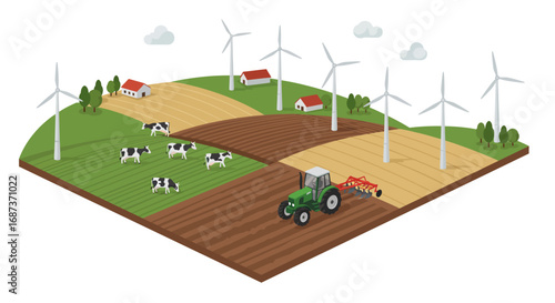Isometric farm landscape with tractors, wind turbines, and cows on a sunny day