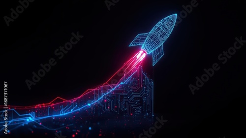 An abstract blue wireframe rocket ship launches upwards on a rising graph with circuit board detailing against a stark dark background with red flames trailing behind.