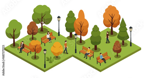 Autumn park scene with people relaxing on benches in isometric style