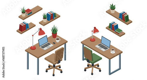 Isometric home office setup with laptop, desk and bookshelves for modern interior design