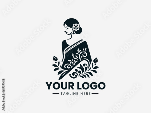 Elegant woman in saree vector logo with decorative floral patterns and traditional design