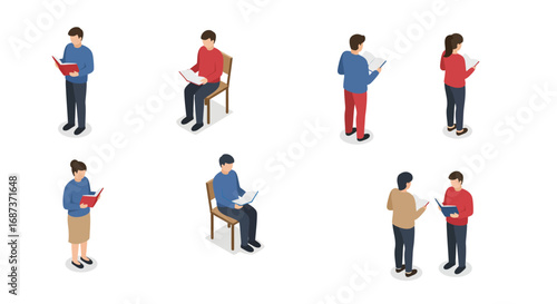 Isometric characters reading and conversing in various poses on white background