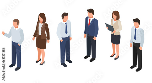 Business professionals in isometric style: office team meeting on white background