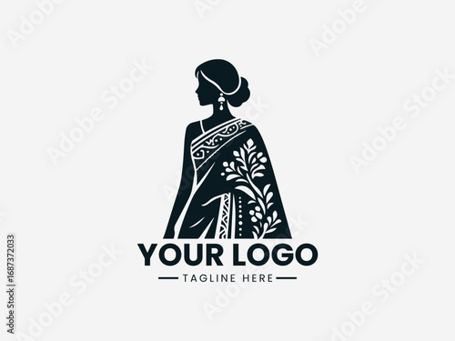 Elegant woman in saree vector logo with decorative floral patterns and traditional design