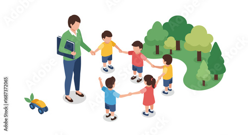 Isometric group of children holding hands outdoors with teacher