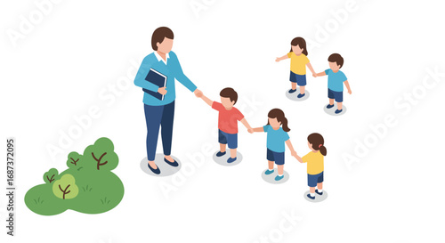 Isometric teacher leading children outdoors in educational activity setting