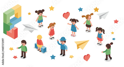 Isometric kids playing with paper airplanes and blocks surrounded by stars