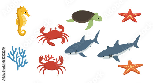 Colorful marine creatures collection featuring sharks, crabs, and seahorse