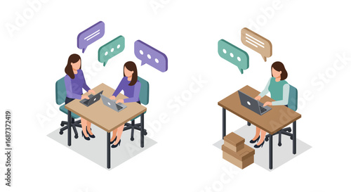 Isometric office collaboration and remote work with laptops