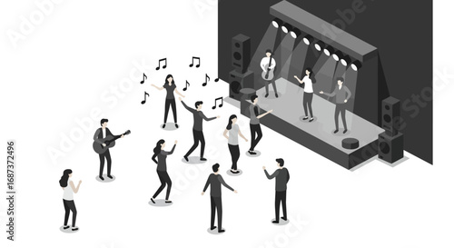 Isometric concert: people dancing and performing on stage in monochrome style