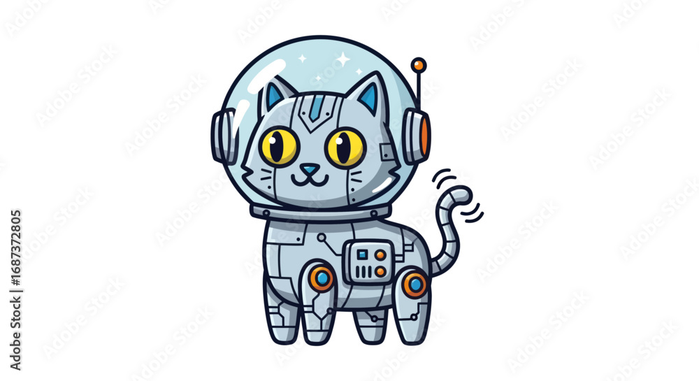 Fototapeta premium Cartoon Robotic Cat Astronaut with Helmet and Metallic Body.