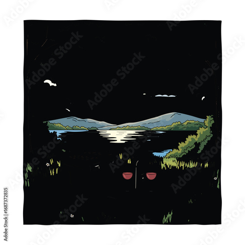 Serene nocturnal landscape illustration of mountains and a shimmering lake viewed from a dark silhouetted foreground.