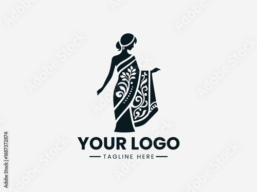 Elegant woman in saree vector logo with decorative floral patterns and traditional design