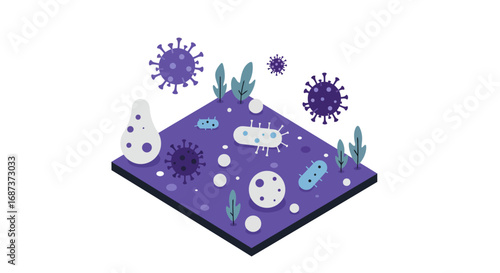 Isometric microbial world with bacteria and viruses on abstract platform