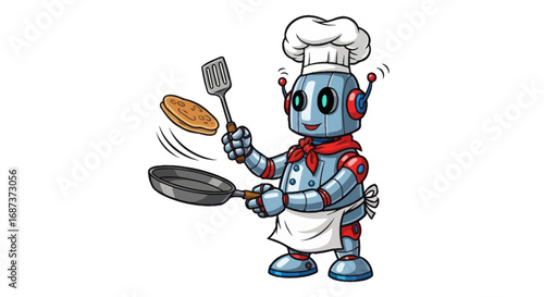 A cheerful cartoon robot chef wearing a toque and apron, skillfully flipping a pancake with a spatula and pan.