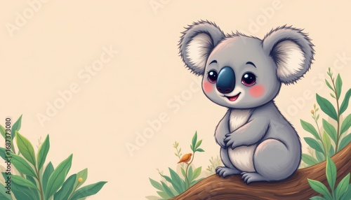 create a cute, cartoon style illustration of a koala positioned to the right of the image with ample copy space on the left side, optimize for photo use.