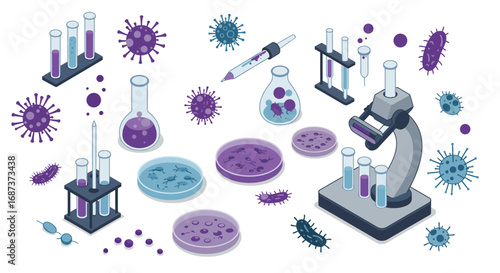 Scientific laboratory equipment with microorganism icons in isometric style