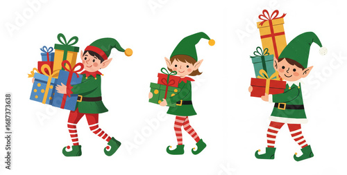 Three elves carrying presents isolated on white background  