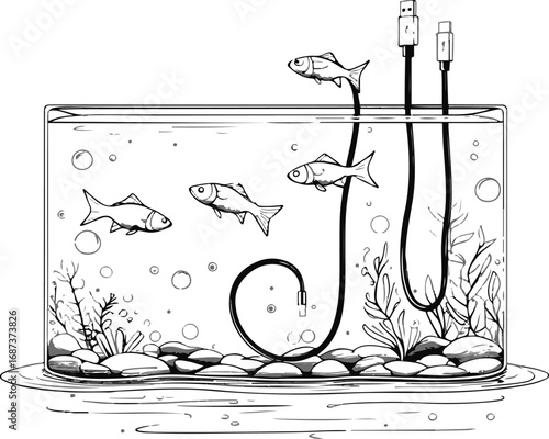 Black and white surreal line art of a fish tank where USB cables float like fish, minimal doodle clean outline vector 2