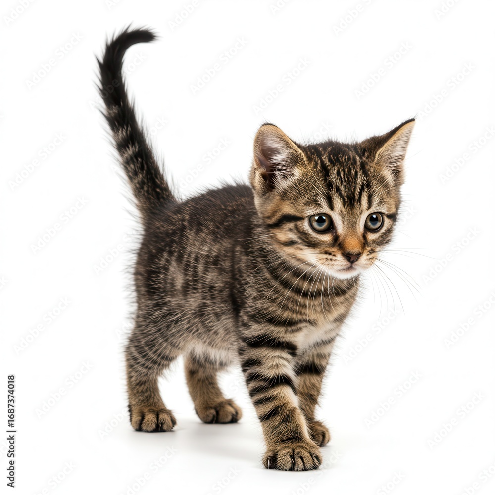 Fototapeta premium Cute tabby kitten walking isolated on white background