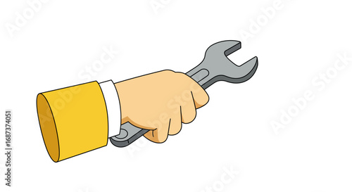 Hand holding wrench icon in cartoon style for repair and maintenance themes