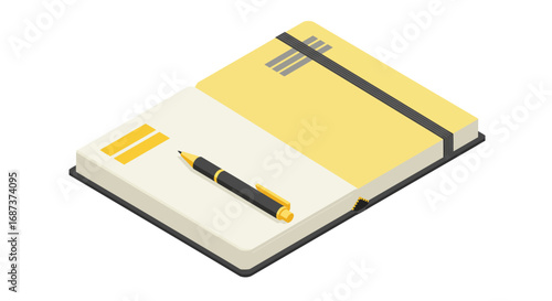 Open notebook with pen in isometric style on white background