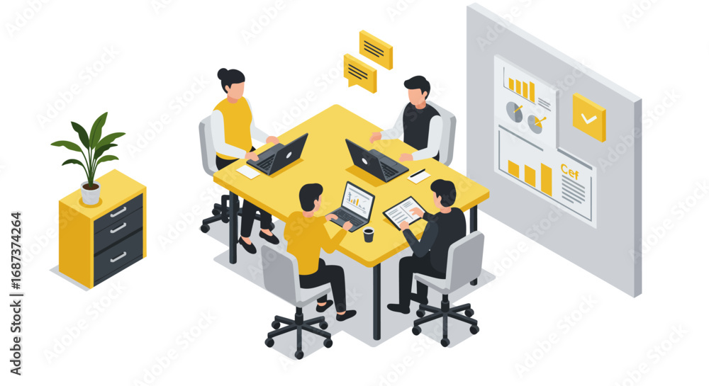 Obraz premium Collaborative team meeting in modern office setting with isometric design