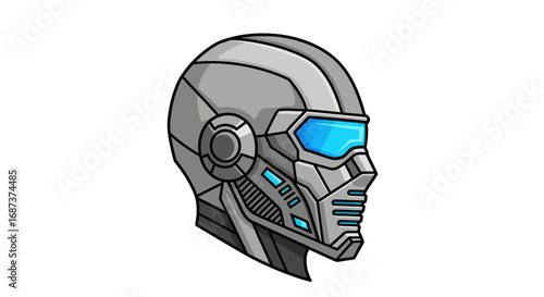 Futuristic Gray and Blue Cyberpunk Helmet Illustration.