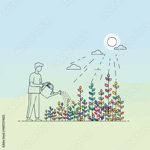 Simple line art illustration of a man watering a colorful garden of growing plants under the sun.