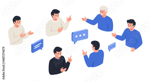 Collaborative team discussion with diverse characters in isometric style