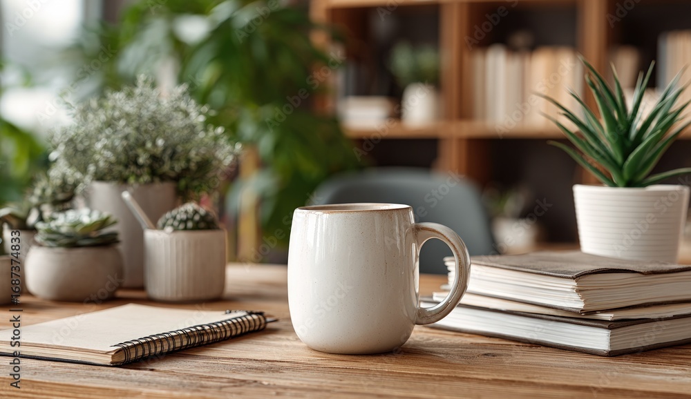custom made wallpaper toronto digitalA cozy, sunlit desk features a coffee mug, greenery, and books, suggesting a calm workspace