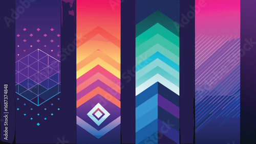 set of bright banners displaying an array of geometric shapes, creating an eye-catching and colorful composition..eps