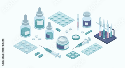 Isometric medical supplies and pharmaceuticals on a light background