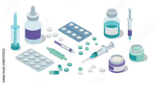 Isometric medical supplies and pharmaceuticals collection on white background