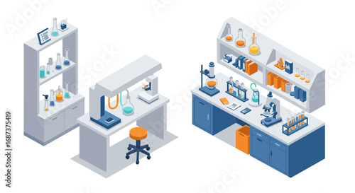 Modern isometric laboratory interior with science equipment and tools