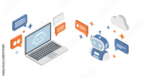 Isometric chatbot communication: laptop and ai robot interaction with speech bubbles
