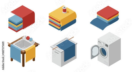 Isometric laundry and sewing supplies with colorful fabric and washing machine