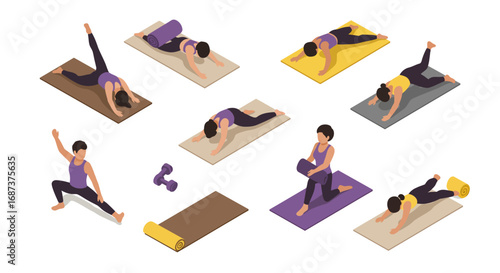 Isometric yoga poses set: diverse exercise mat workouts and fitness elements