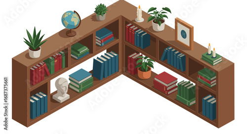 Modern isometric bookshelf with plants and decor elements