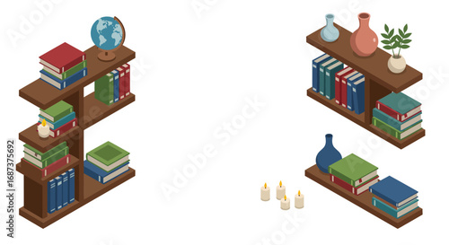 Isometric bookshelves with books, globes, vases, and candles in modern interior design