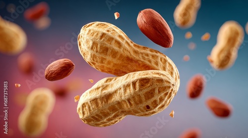 Wallpaper Mural A close up of peanuts and almonds with a blue background. The peanuts are flying through the air and the almonds are scattered around them. Scene is playful and lighthearted Torontodigital.ca