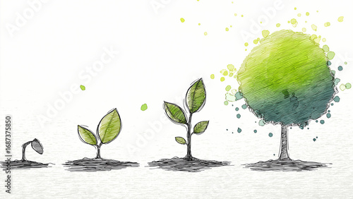Green tree growth stages watercolor three step life illustration Symbolizing Life and Business Success	