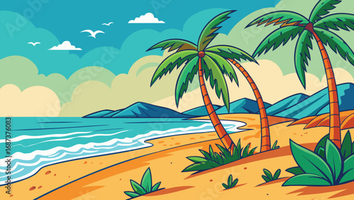 set of whimsical hand-drawn beach icons featuring elements like seashells, surfboards, and sun hats..eps